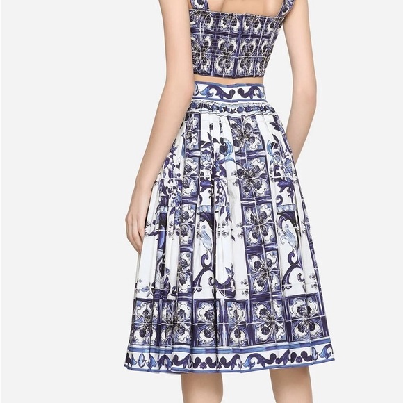 Dolce Gabbana Skirt + Crop Top Set Majolica Print & Pleated Poplin Midi Skirt - Picture 9 of 15